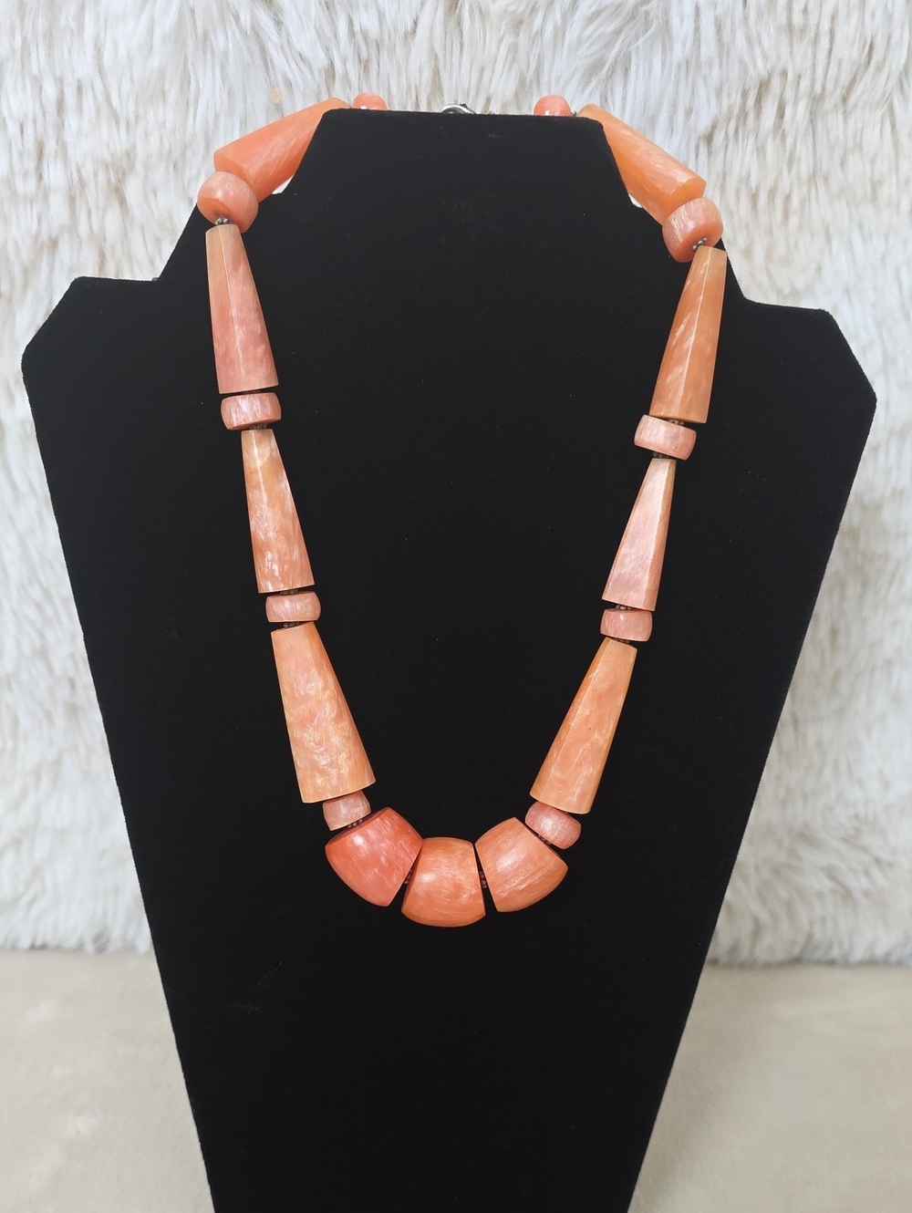 Vintage Coral Salmon Wooden Bead Statement Necklace Boho Artisan